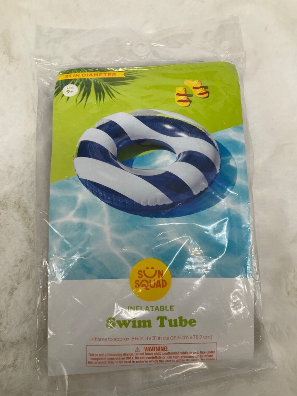 Sun Squad- 31" diameter Inflatable Swim Tube Cabana Stripe Blue/White NEW